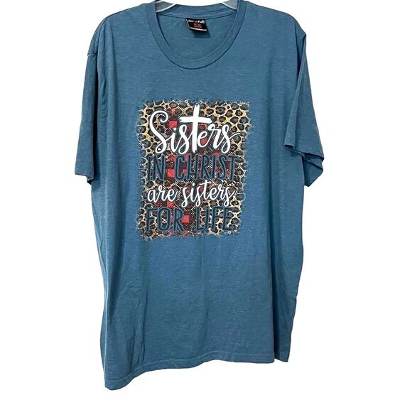 LOVE IN FAITH PULL-OVER SHORT SLEEVE TOP, WOMANS, 3X, BLUE WITH GRAPHICS - Picture 1 of 10